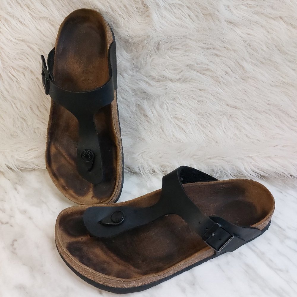 Birkenstock Women's Black Leather Gizeh Birki-Nubuck Mocha Thong Sandals EU 37